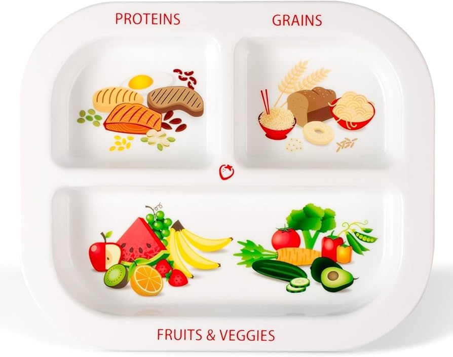 Plate divided into vegetables grains and protein sections