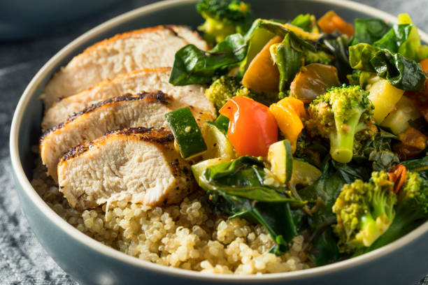 Grain bowl with quinoa chicken and roasted vegetables