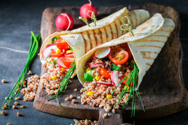 Wholegrain wraps with vegetables and protein fillings